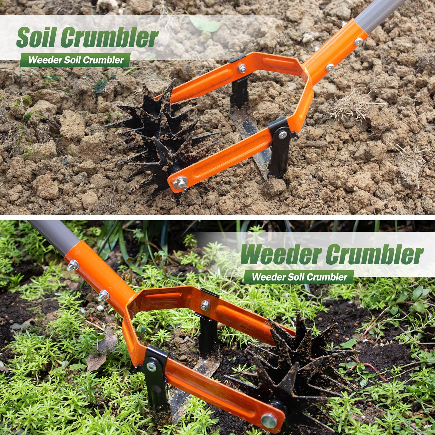 Walensee Rotary Cultivator Tool, Adjustable Garden Hand Tiller with Stainless Steel Pole, 2-in-1 Garden Weeder and Crumbler Soil Cultivator Tool with Weeding Knife for Soil Mixing or Reseeding Grass