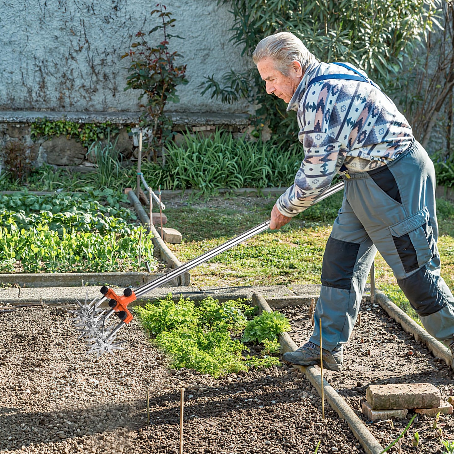 BARAYSTUS Rotary Cultivator Garden Rotary Tiller Adjustable Stainless Steel Poles Hand Tiller for Soil Mixing or Reseeding Grass Lawn Tiller Total Length 57 Inch