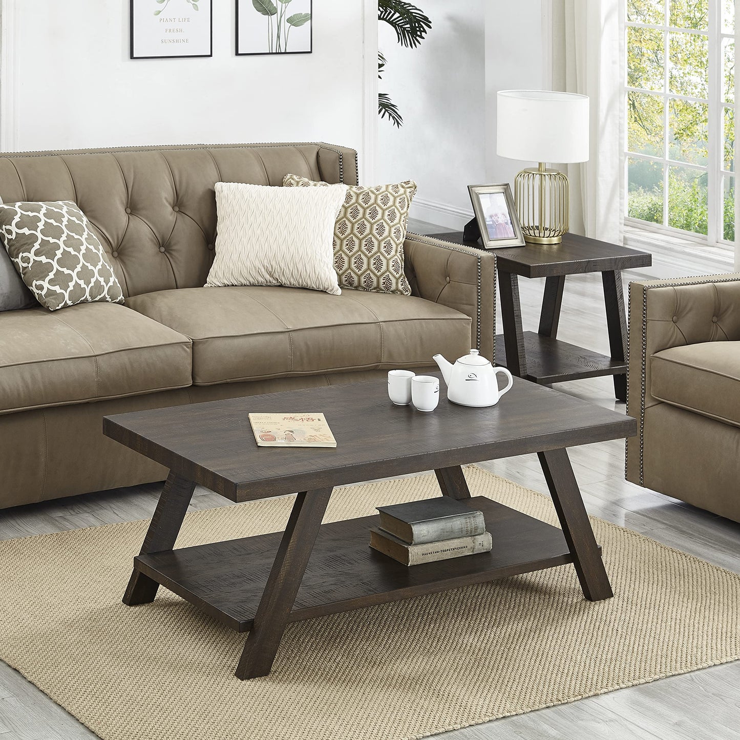 Roundhill Furniture Athens Contemporary 3-Piece Wood Shelf Coffee Table Set, 24D x 48W x 19H in, Espresso