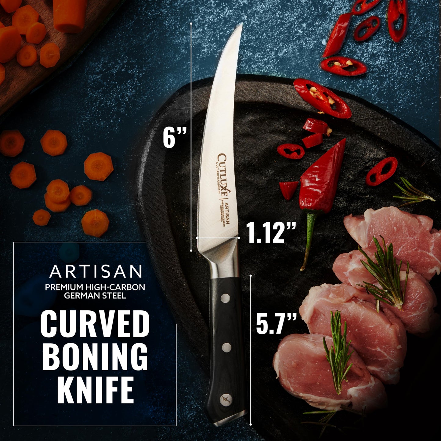 Cutluxe Curved Boning Knife – 6" Boning Knife for Meat Cutting, Fillet Knife – High Carbon German Steel, Full Tang & Ergonomic Handle Design – Artisan Series