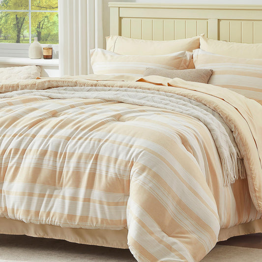 UNILIBRA Beige Full Size Comforter Set, 7 Pieces Bed in a Bag Striped, Lightweight Cationic Dyeing Bedding Sets for All Seasons with Comforter, Flat Sheet, Fitted Sheet, Pillow Shams, Pillowcases