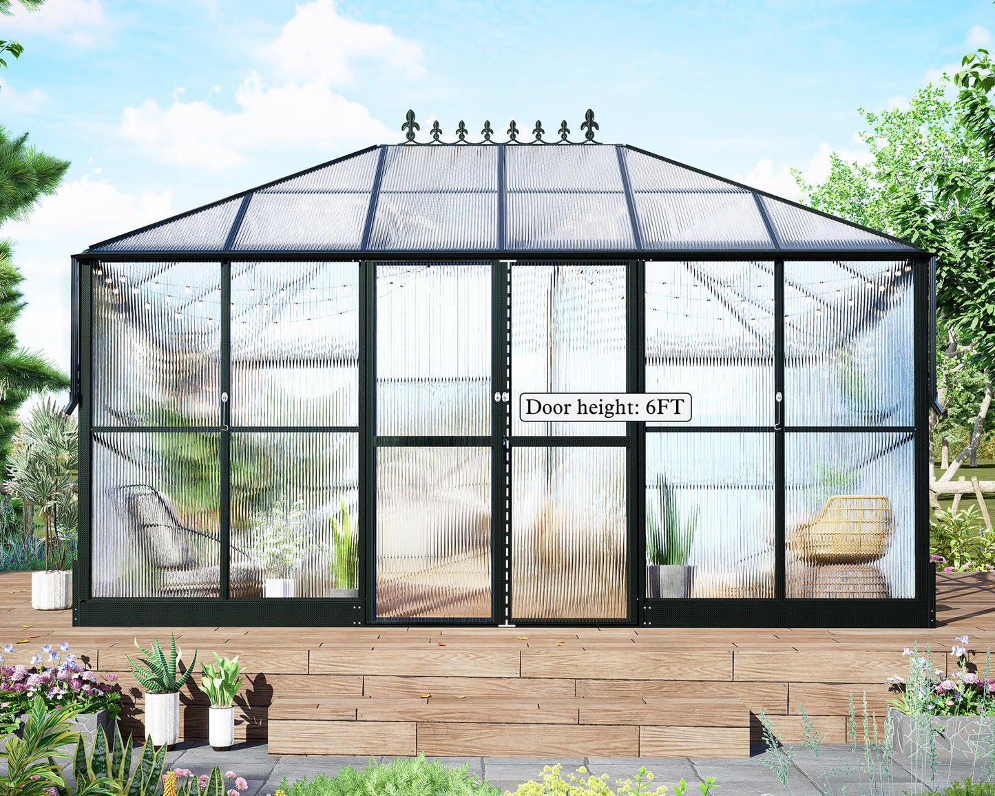 HOWE 14x9.5x9 FT Polycarbonate Greenhouse with 2 Vents and Double Swing Doors 6FT Added Wall Height, Walk-in Large Winter Greenhouse Sunroom Aluminum Greenhouse for Outdoors, Black