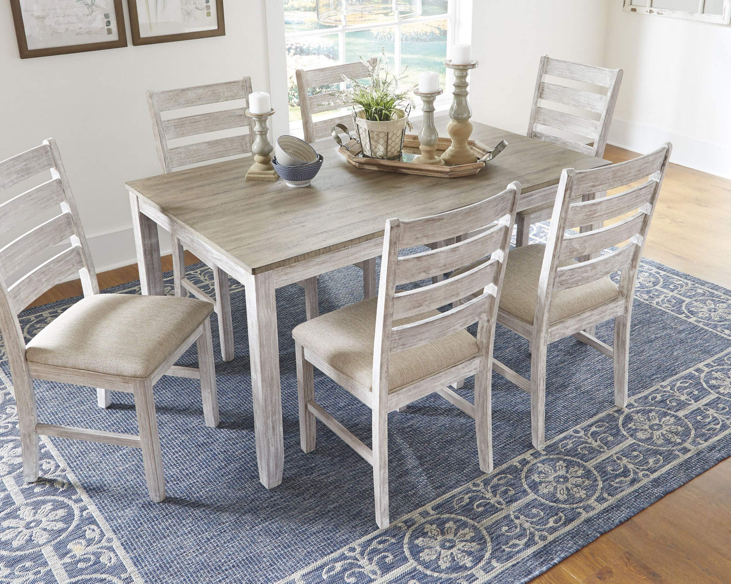 Signature Design by Ashley Skempton Cottage Dining Room Table Set with 6 Upholstered Chairs, Whitewash