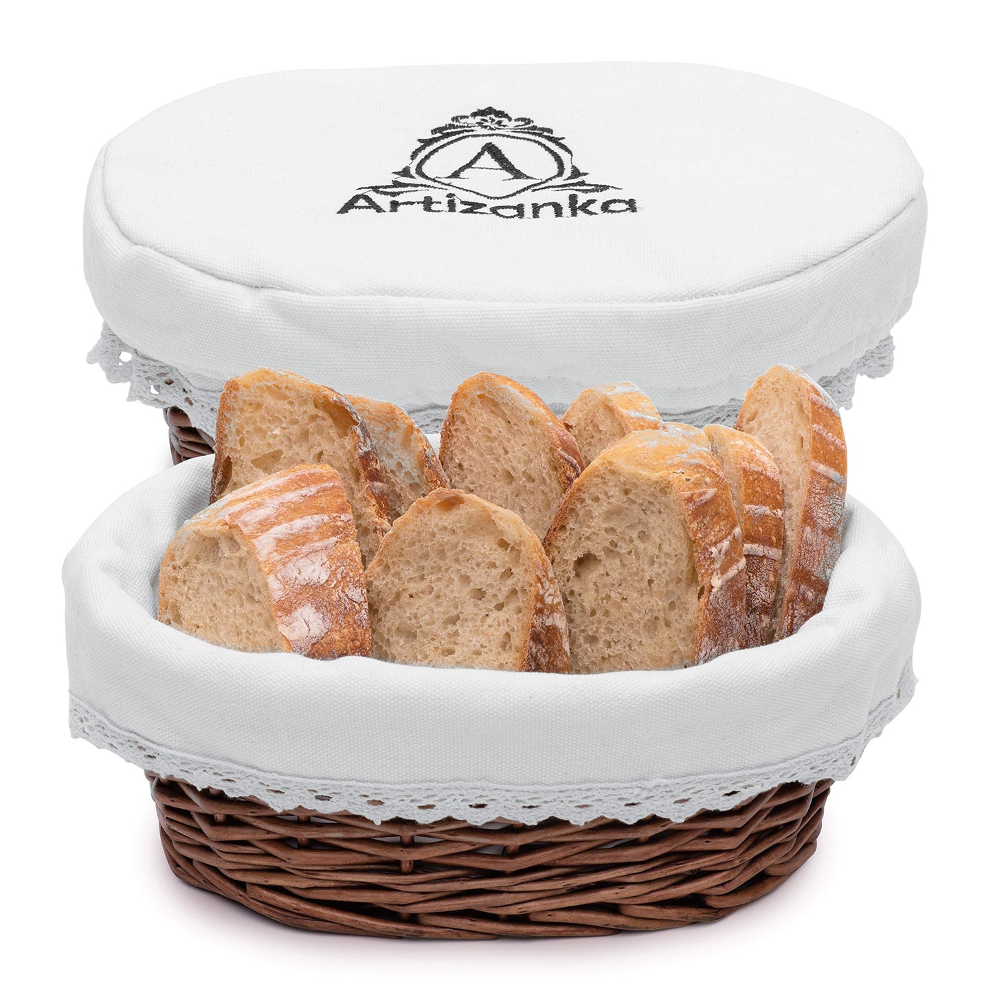 Medium Handmade Wicker Bread Basket for Serving Set – 11 inch Sourdough Bread and Pastries Basket with Removable Liner and Cover Bread Storage Container and Fruit Basket