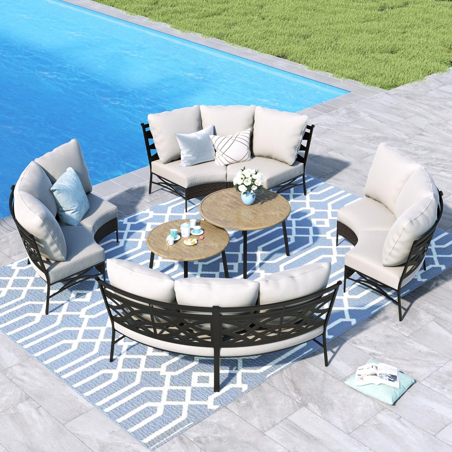 MFSTUDIO Patio Furniture Set, 8 Seats Half-Moon Curved Outdoor Sectional Sofa Conversation Set, Woven Rattan Patio Couch with 2 Wood-Like Round Coffee Table