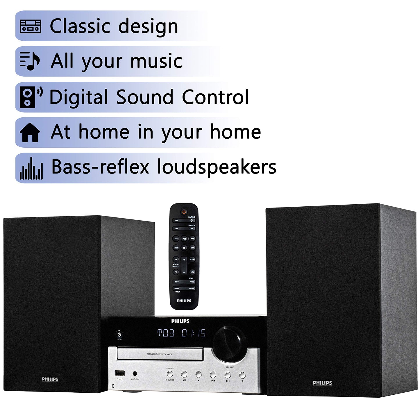 PHILIPS Bluetooth Stereo System for Home with CD Player, MP3, USB, Audio in, FM Radio, Bass Reflex Speaker, 60W, Remote Control Included