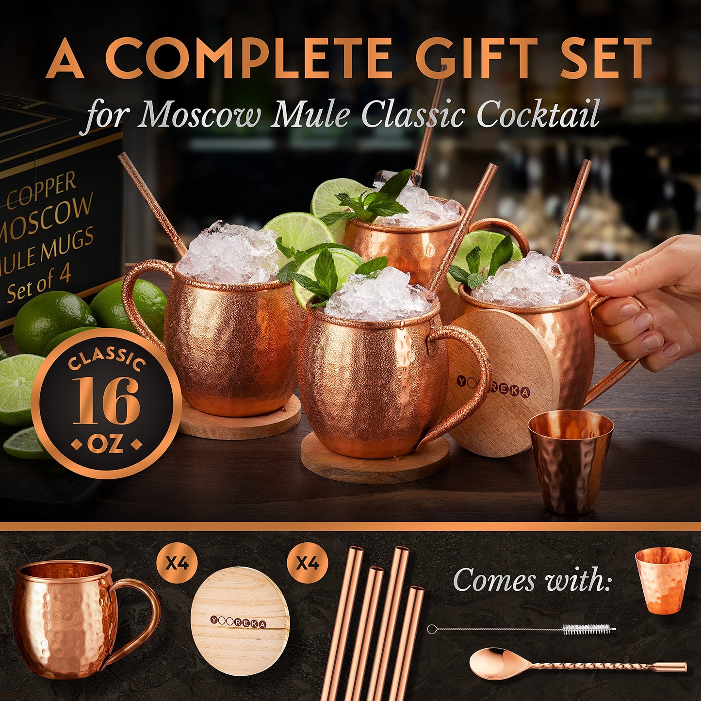 Yooreka Gift Set Moscow Mule Mugs Set Of 4 16 oz Solid Cooper, 100% Pure Copper Cups HANDCRAFTED, BONUS 4 Straws, 4 Wood Coasters, Stirring Spoon, Shot Glass and Cleaning brush (Oval)