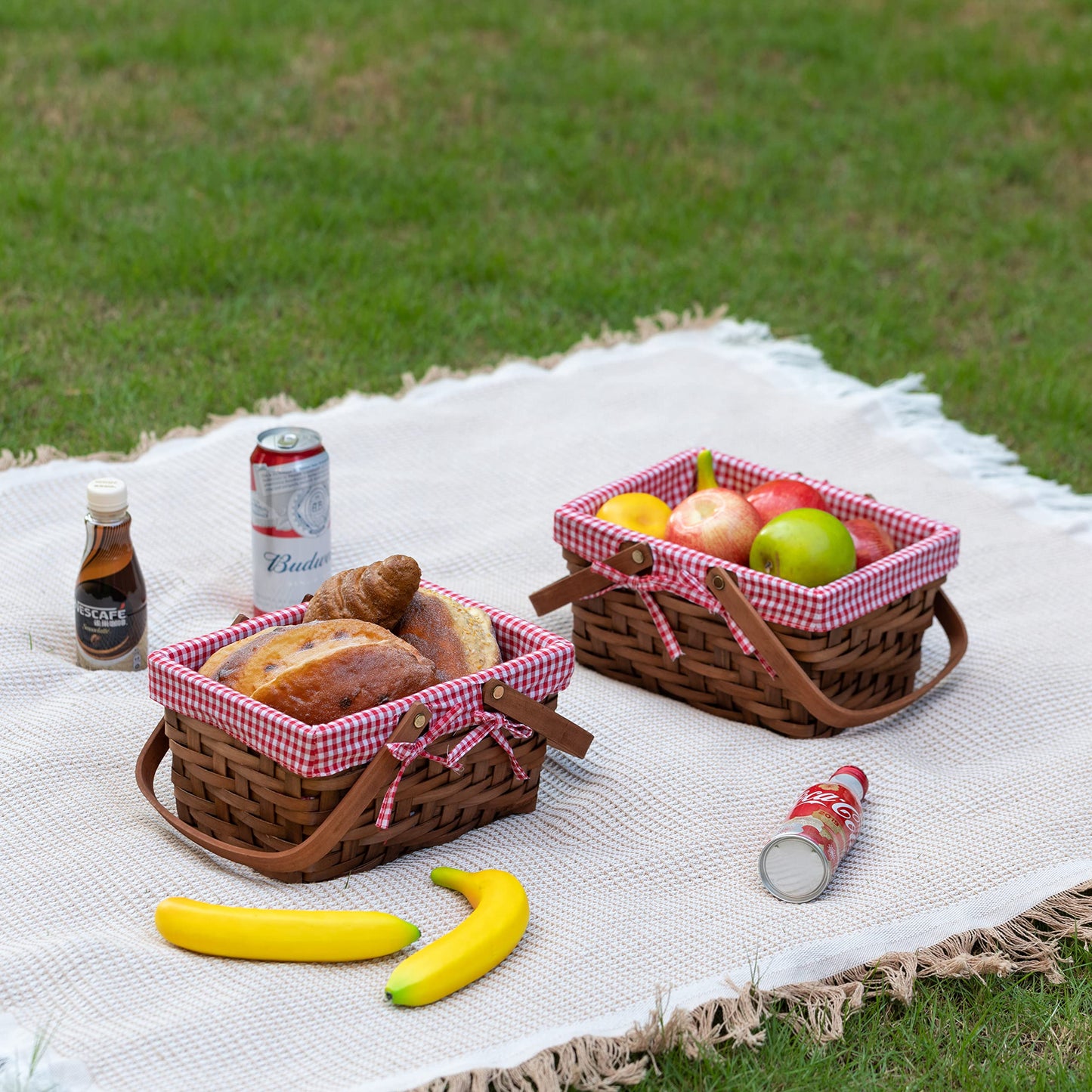 Wickerwise Small Rectangular Woodchip Picnic Baskets with Double Folding Handles, Natural Hand-Woven Basket Lined with Gingham Red and White Lining Great for Gifts