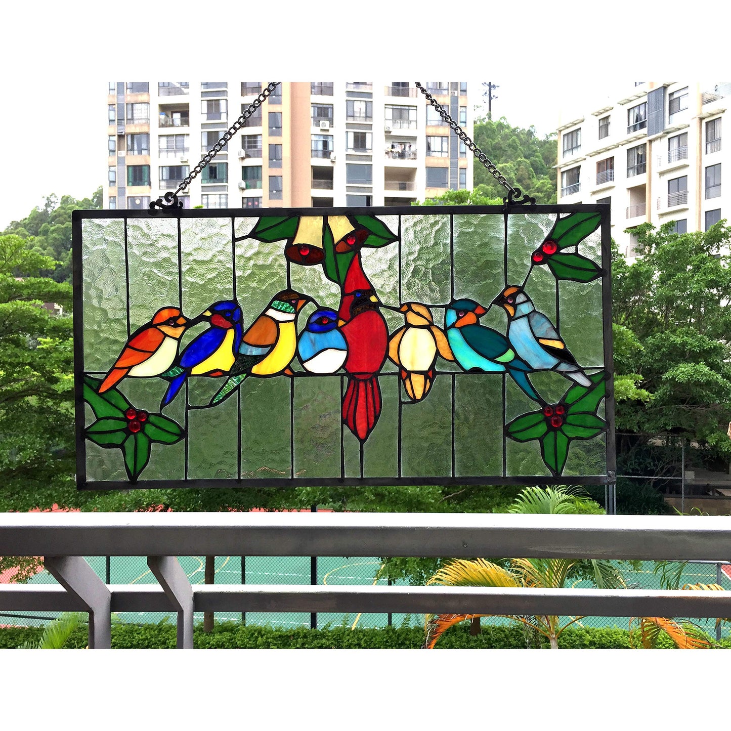 RADIANCE goods Tiffany-Glass Gathering Birds Window Panel 24.5x12.5