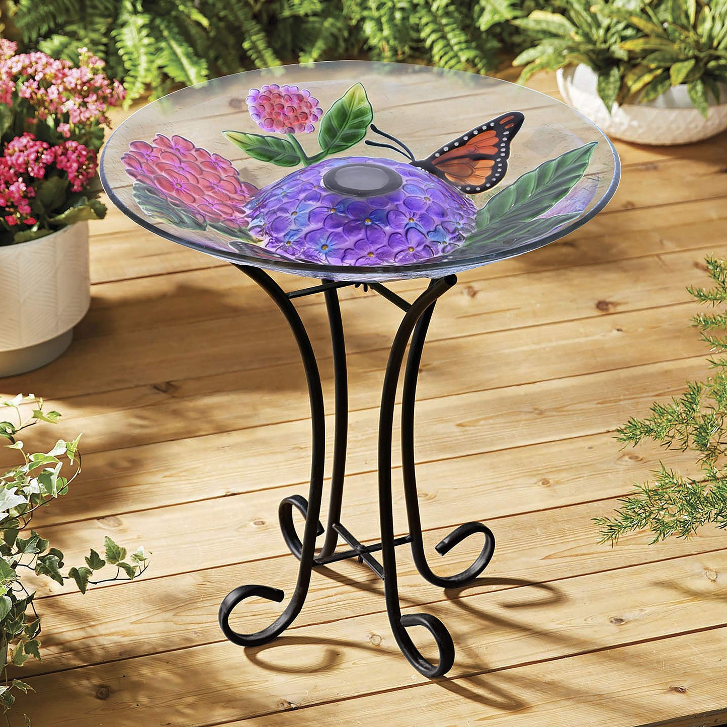 Hi-Line Gift 78415-D Solar Led Floral Glass Butterfly Bird Bath with Stand