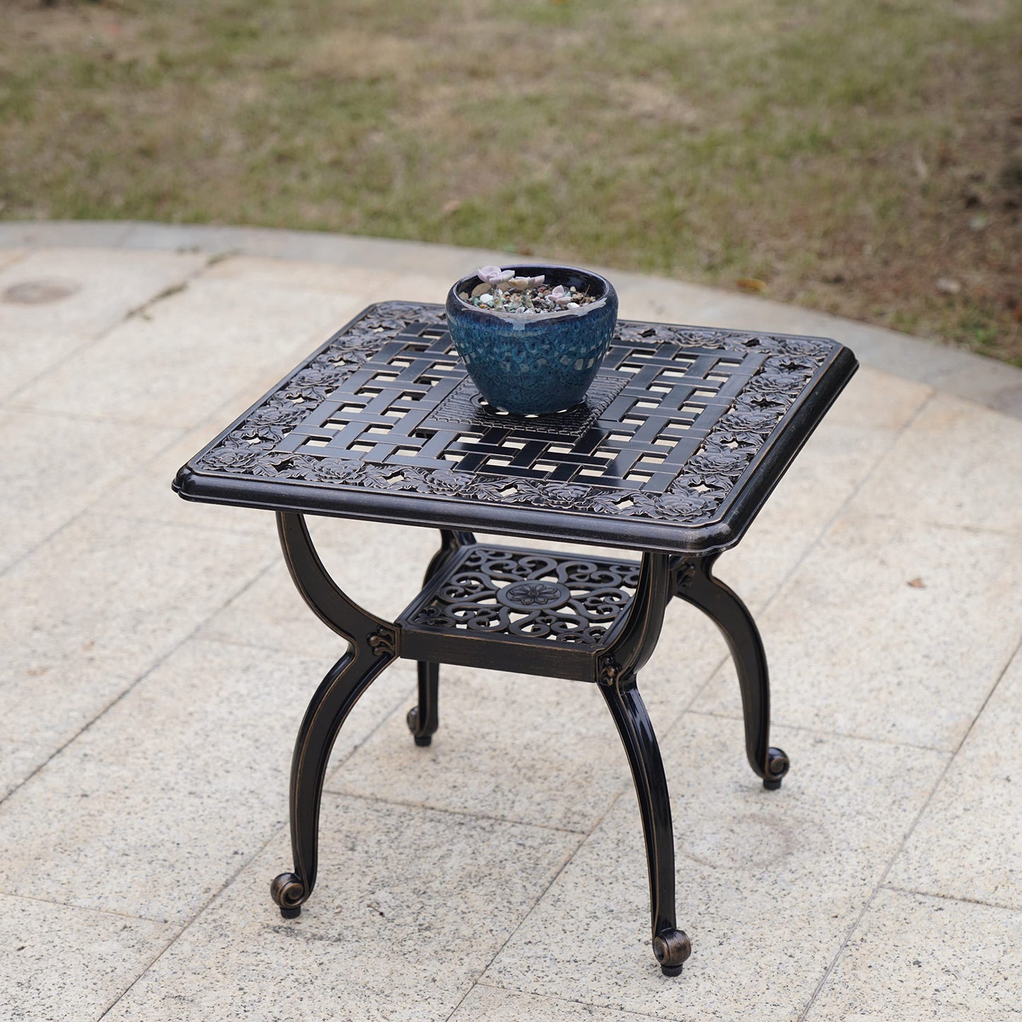 Mandolin Outdoor Patio Table,Rust -Resistant Cast Aluminum Side Table,Weather Resistant End Table，Coffee Table， Perfect for Patio, Backyard Or Garden. W 20.8" X H18.5(Aluminum Square, Copper)