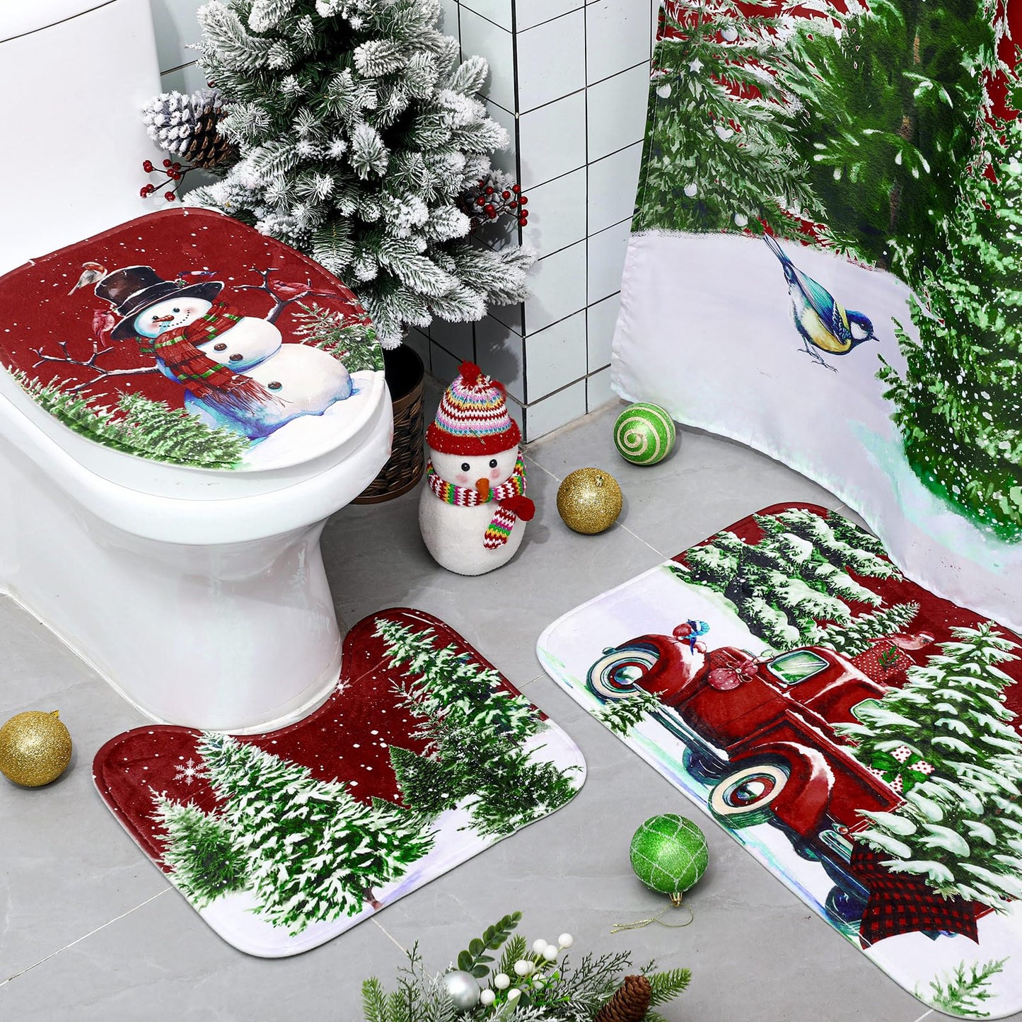 Teenyyou 4 Pcs Christmas Shower Curtains Set with Non Slip Rug Winter Christmas Bathroom Decor Toilet Lid Cover and Bath Mat Snowman Shower Curtain with 12 Hooks for Xmas Bathroom Decor(Red,Classic)