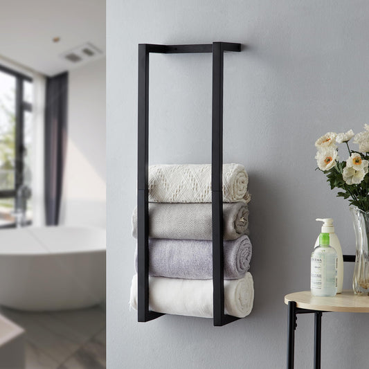 Towel Rack for Rolled Towels, Towel Rack for Bathroom,Wall Mounted Metal Bathroom Organizer, Bath Towel Holder Wall for Modern Small Space Bathroom Towel Storage (Black)