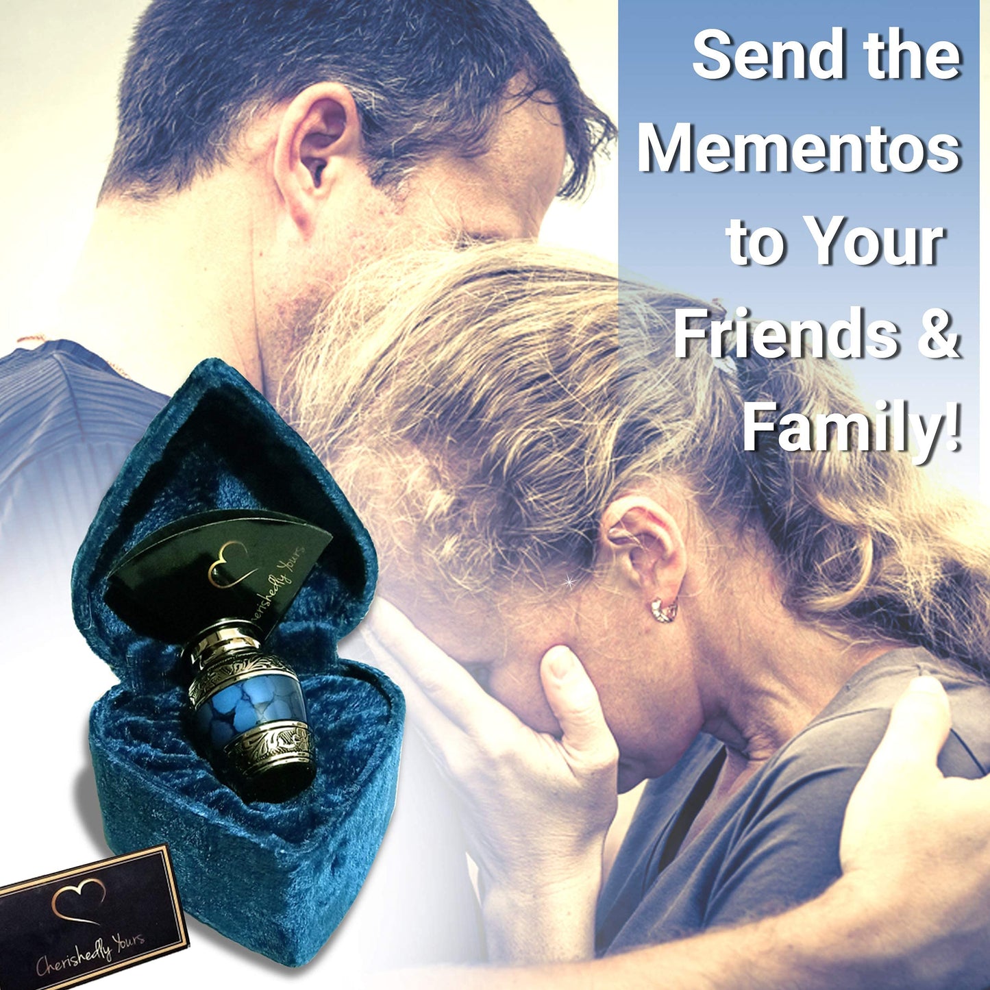 Small Keepsake Cremation Urns for Human Ashes with Velvet Heart Case and Funnel - Beautiful Peaceful Dark Blue Brass Hand Engraved Mini Memorial Urn