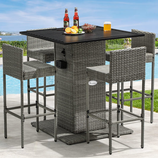 YITAHOME 5-Piece Outdoor Furniture Wicker Bar Set with Built-in Bottle Opener, Hidden Storage Shelf & Metal Tabletop, 4 Stool with Backrest for Patios, Backyards, Gardens, Poolside, Porches (Gray)