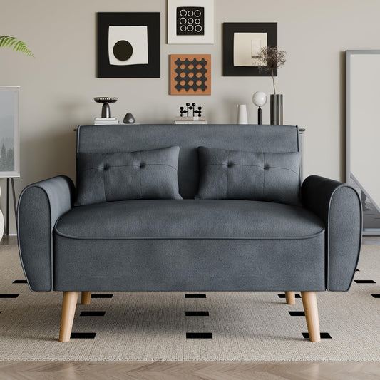 Vongrasig 47" Small Modern Loveseat Sofa, Mid Century Linen Fabric 2-Seat Couch Tufted Love Seat with Back Cushions and Tapered Wood Legs for Living Room, Bedroom and Small Space (Dark Gray)