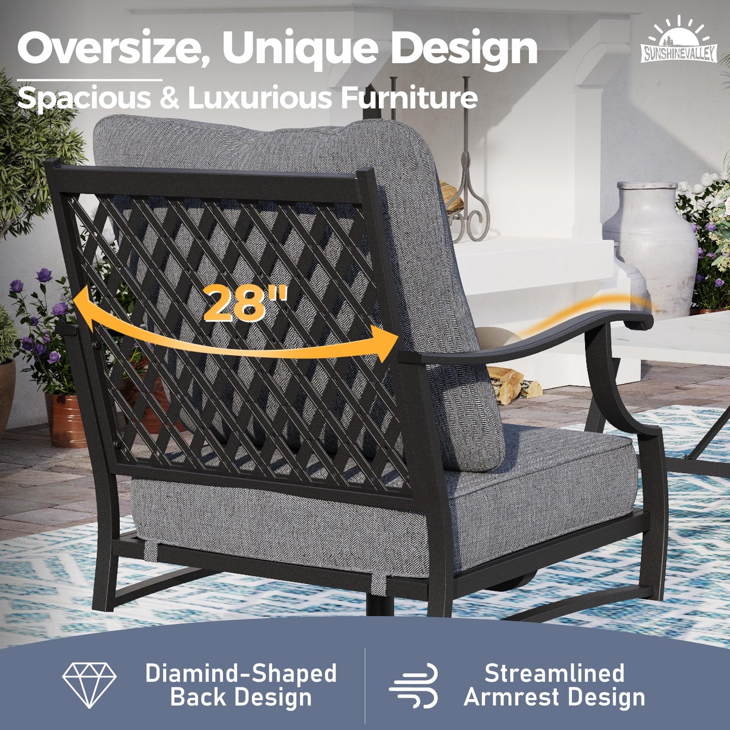 SUNSHINE VALLEY 4 Piece Metal Outdoor Patio Furniture Set, Patio Conversation Sets 1 3-seater Sofa, 2 Swivel Chair with 5.75" Extra Thick Cushion and Coffee Table, Black Frame Backyard Furniture, Gray