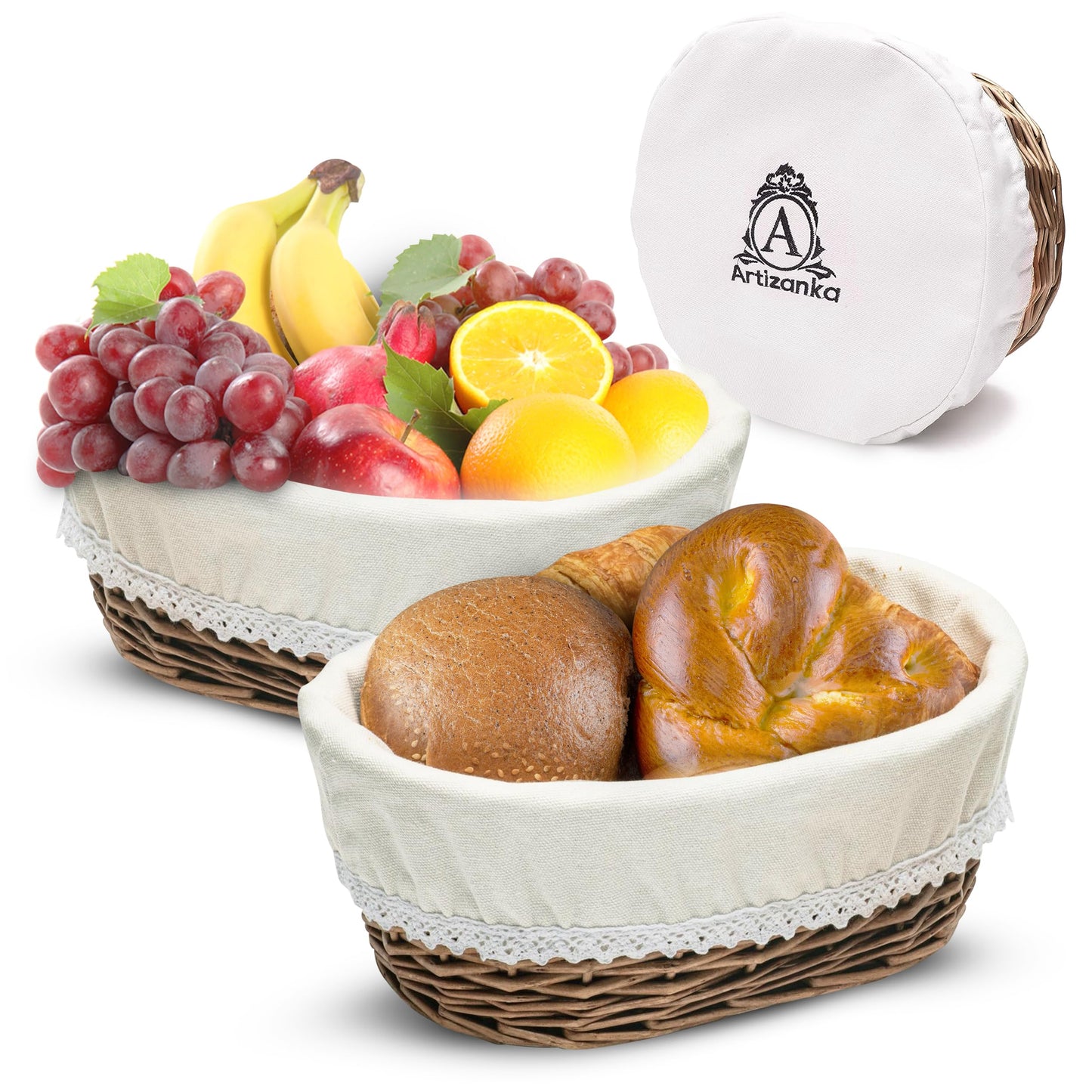 Medium Handmade Wicker Bread Basket for Serving Set – 11 inch Sourdough Bread and Pastries Basket with Removable Liner and Cover Bread Storage Container and Fruit Basket