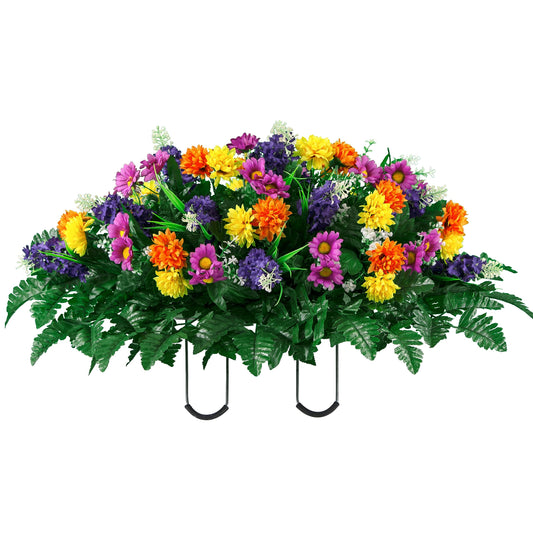 Sympathy Silks Artificial Cemetery Flowers – Realistic Wildflower Outdoor Grave Decorations - Purple Violet Wildflower Saddle for Headstone