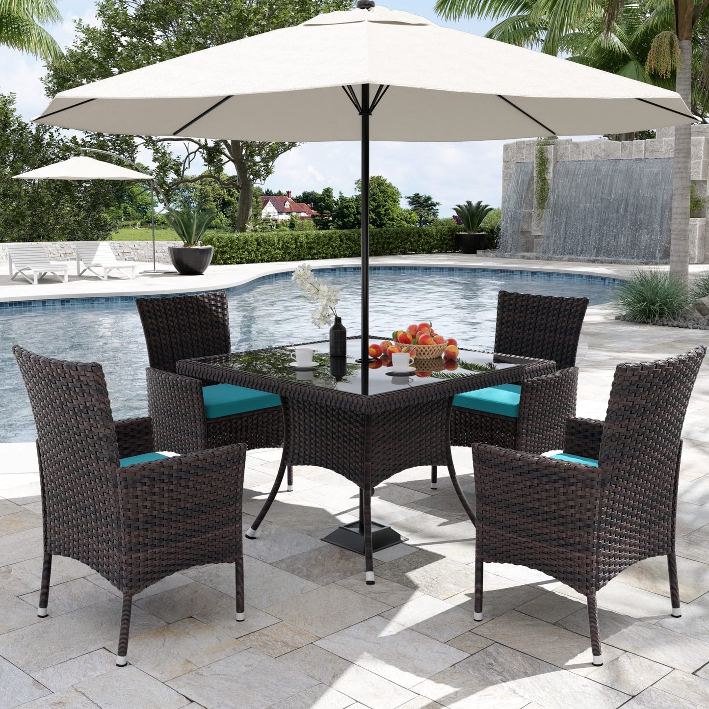 Delnavik 5-Piece Patio Outdoor Dining Set, Wicker Patio Furniture Set of 4 Rattan Chairs with Soft Cushions and Square Table with Umbrella Cutout, Blue