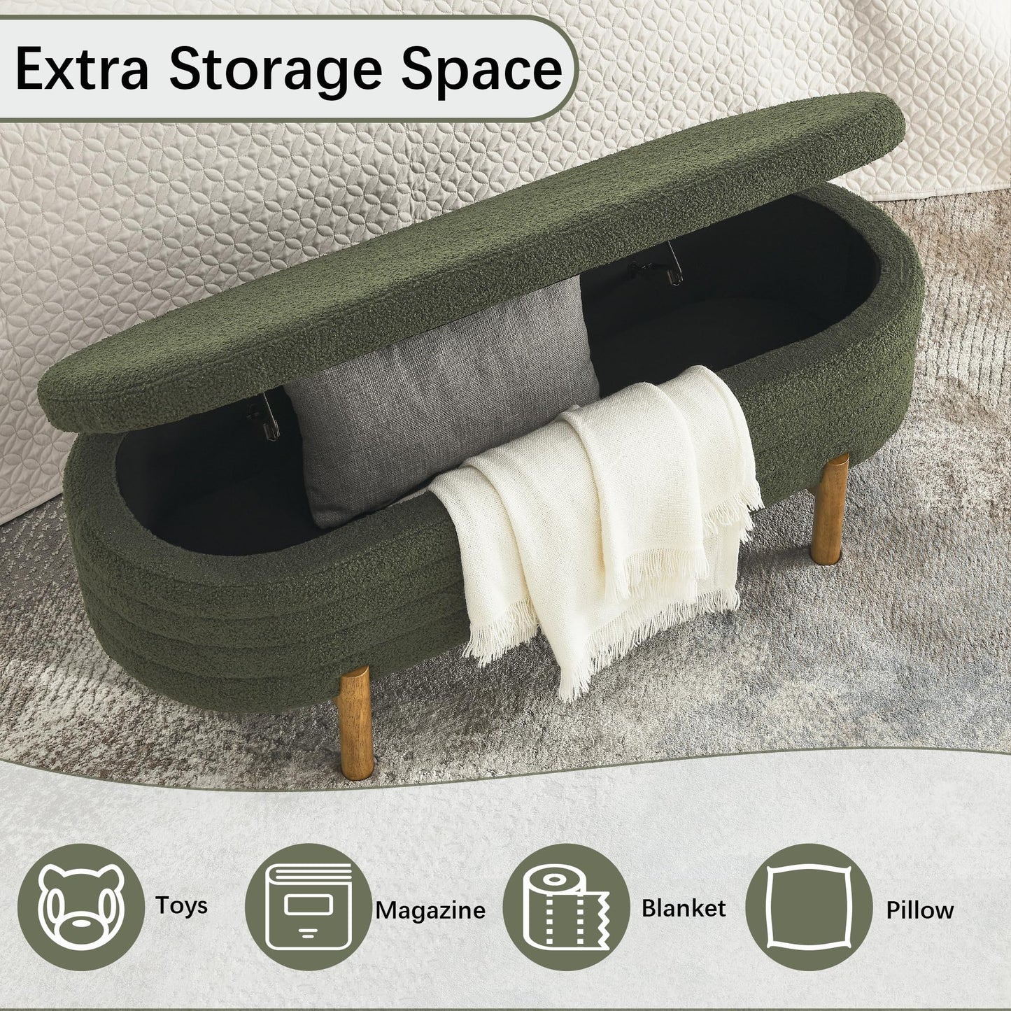 Niccae Teddy Velvet Oval Bedroom Storage Stool, Decorated and Soft Skin Friendly Teddy Fabric, Suitable for Entrance Benches, Living Rooms, Corridors, and Bed Ends (Green)