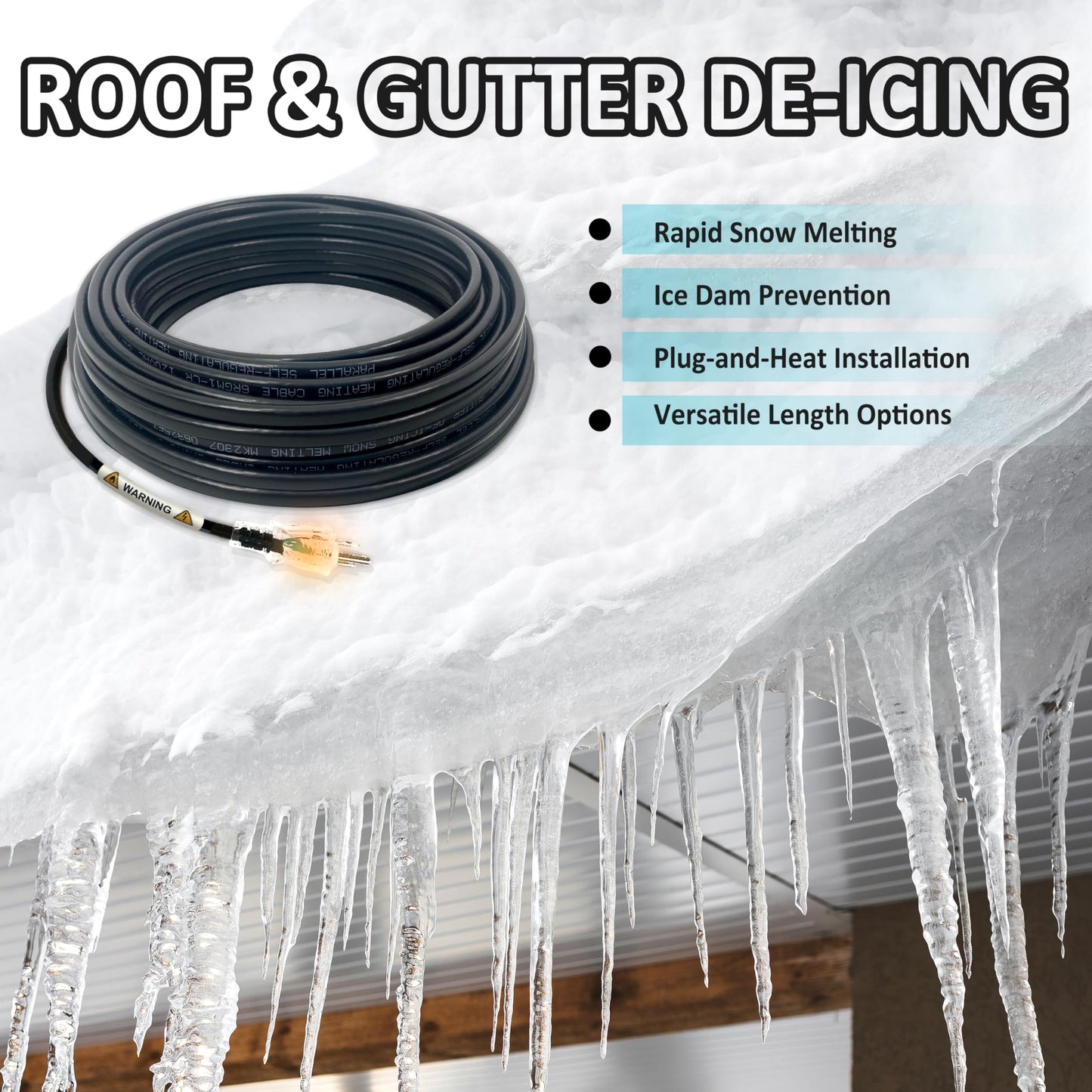 MAXKOSKO Roof Gutter Heat Cable for Snow Melting, Electric Self Regulating Roof De-Icing Heat Tape with 10 ft Power Cold Lighted Plug, 6 W/Ft, 120 V, 50 FT