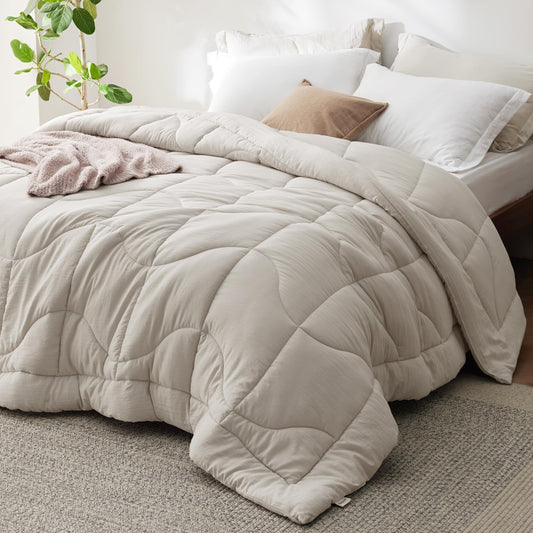 Bedsure Comforters Full Size, Down Alternative Comforter for All Season, Soft Prewashed Comforter with 4 Tabs, Lightweight & Warm Bedding- Machine Washable (Beige, Full, 86x82 inches)