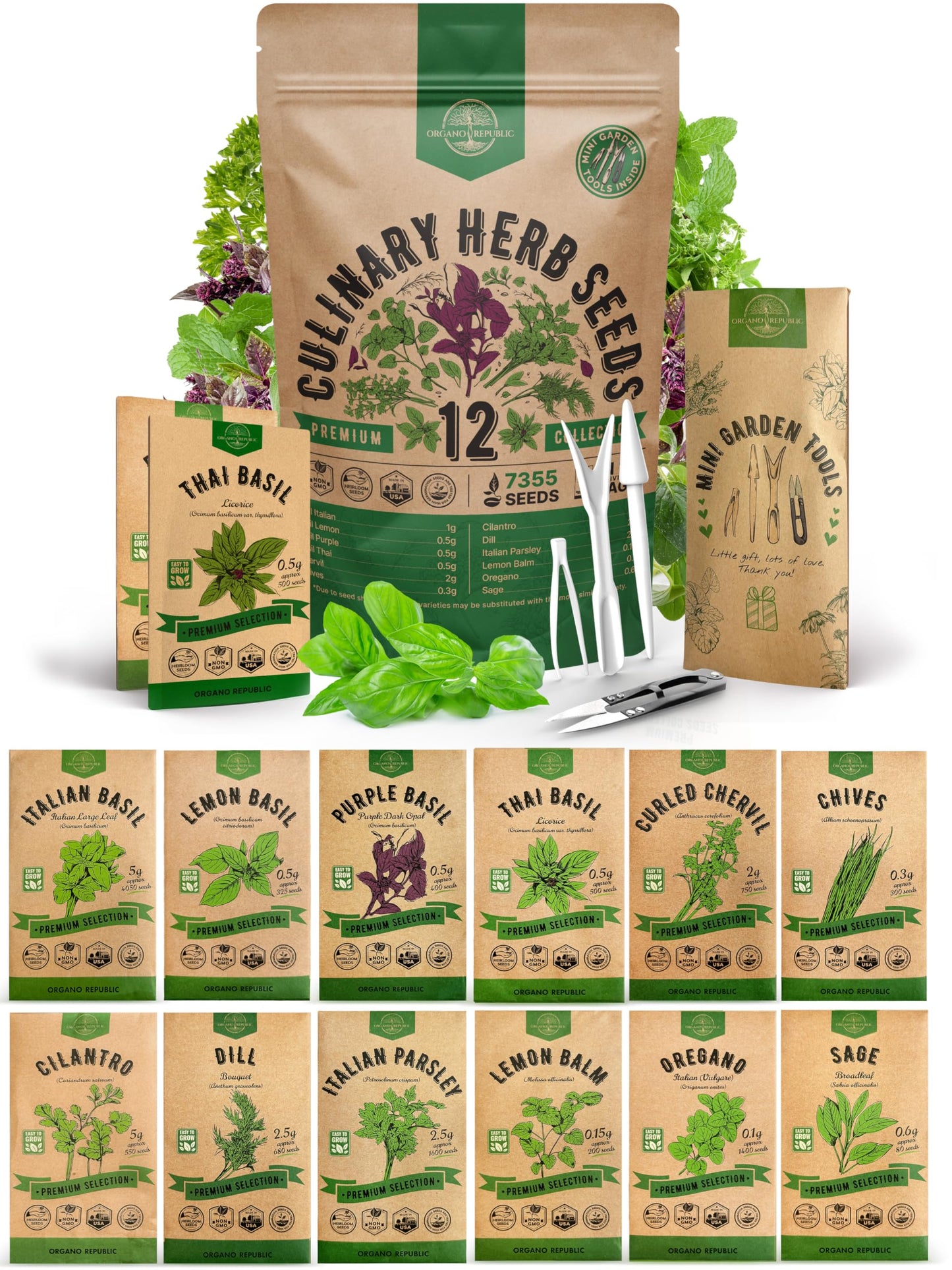 Organo Republic 12 Culinary Herbs Seeds Variety Pack - 7,355+ Heirloom, Non-GMO, Herbs Seeds for Outdoor and Indoor Home Gardening, Including Basil, Cilantro, Chives, Dill, Parsley, Sage