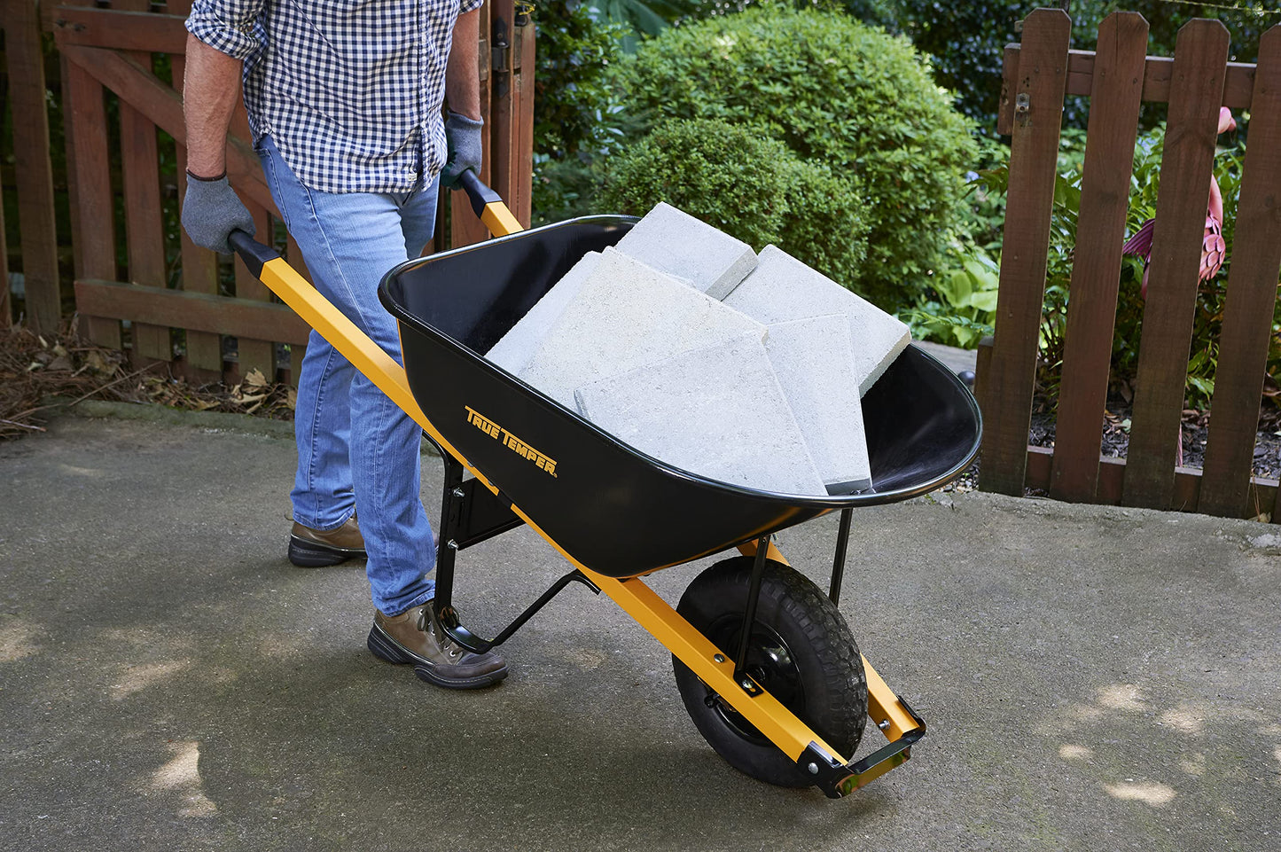 True Temper R6STFFEC 6 Cu. Ft Steel Tray Wheelbarrow with Never Flat Tire & Steel Handles, Black