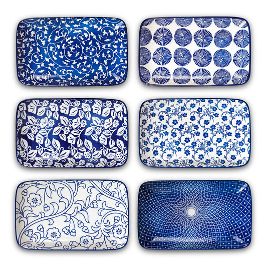 Selamica Ceramic 8 inch Rectangular Salad Plates, Dinner Plates, Pasta Dessert Plates for Appetizer, Sushi, Fruit - Microwave/oven/Dishwasher Safe, Set of 6, Vintage Blue