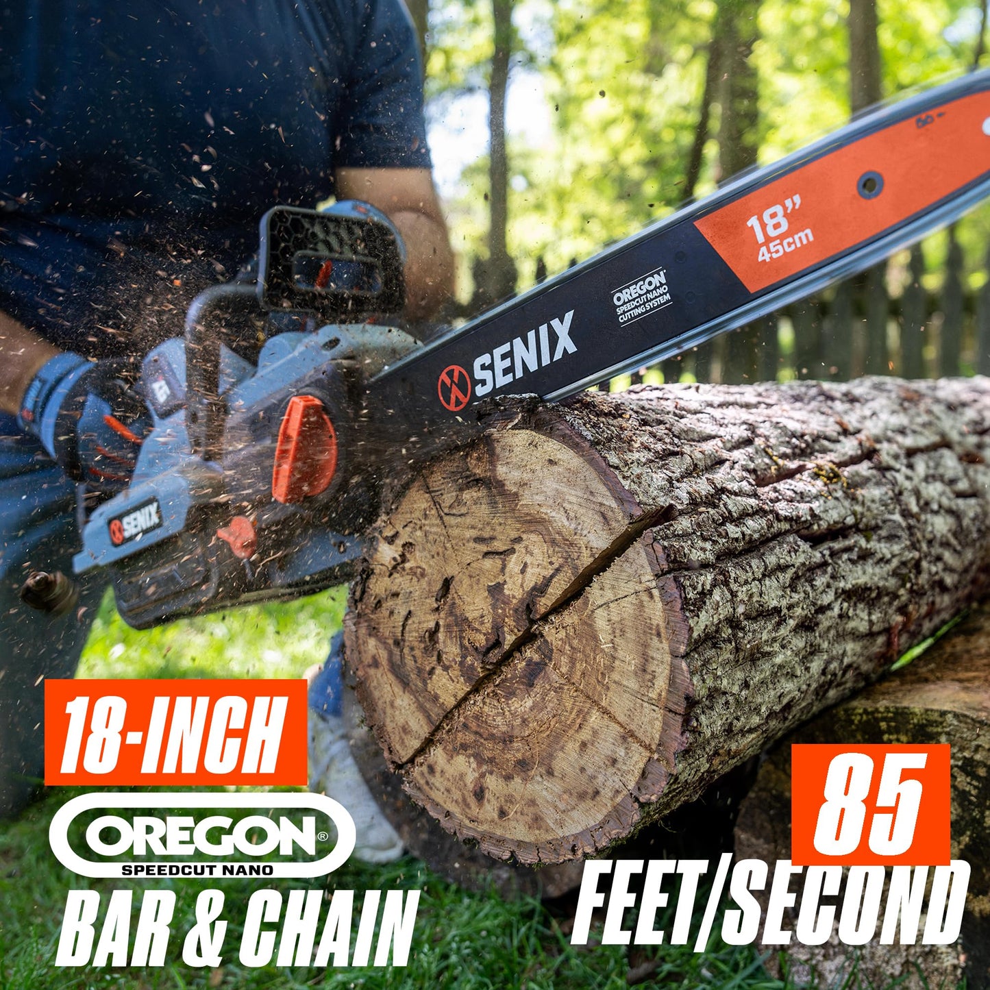 SENIX X6 60 Volt Max* 18-inch Cordless Chainsaw with Brushless Motor and Oregon Bar and Chain for Trees, Limbs, and Firewood, Auto Lubrication, Includes 4Ah Li-Ion Battery and Charger (CSX6-M1)