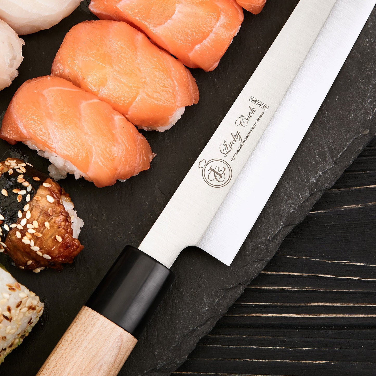 Lucky Cook Sashimi Sushi Knife 10 Inch - Knife For Cutting Sushi & Sashimi, Fish Filleting & Slicing - Very Sharp Stainless Steel Blade & Traditional Wooden Handle + Gift Box