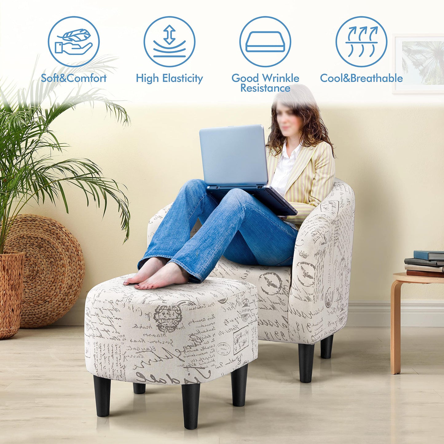 Yaheetech Modren Club Chair with Ottoman, Fabric Accent Armchair with Footstool, Upholstered Barrel Chair and Footrest for Living Room Bedroom Guestroom, Letter Print