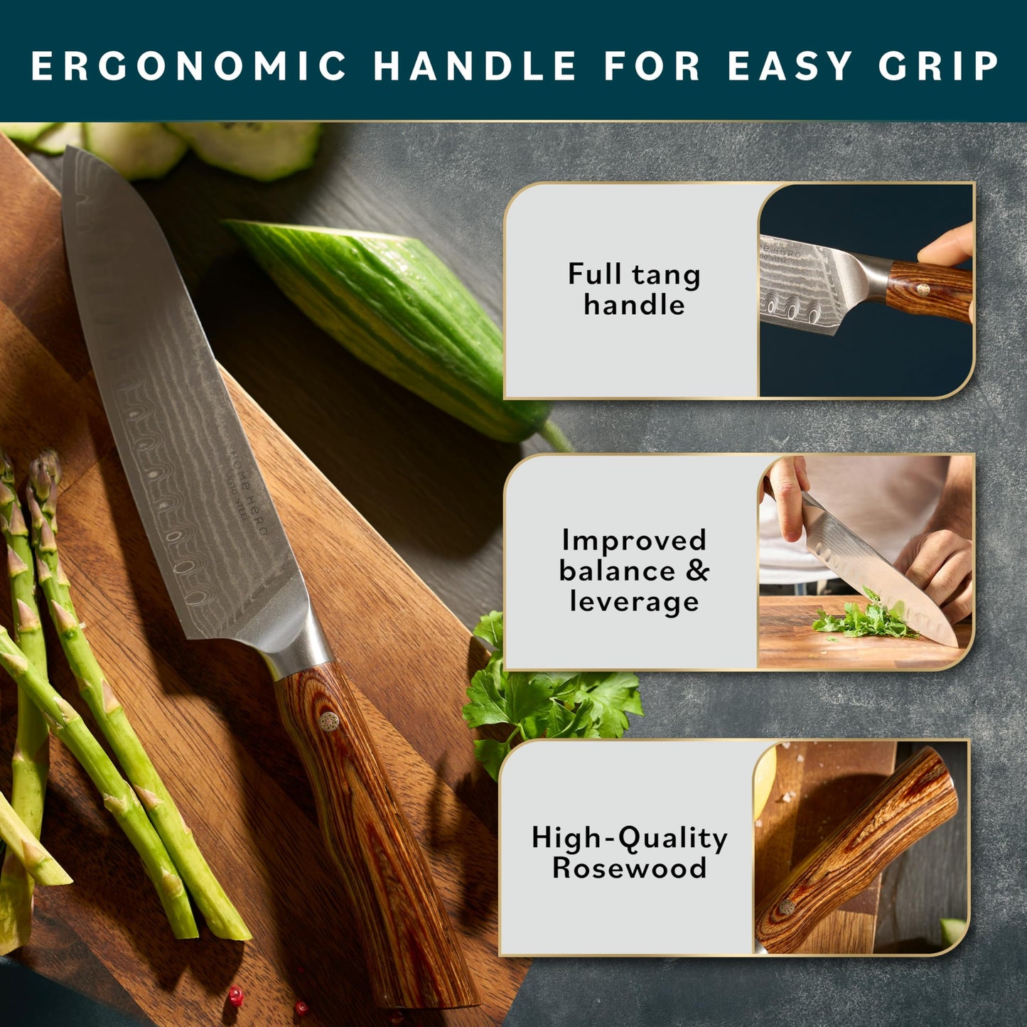 Home Hero Japanese Santoku Knife Collection - VG10 Damascus Steel Rivet Ultra Sharp 67 Layers Kitchen Knife with Ergonomic Rosewood Handle - Unique Gift for Men & Women (7 Inch)