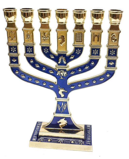 Golden Menorah 7 Branch 12 Tribes Of Israel Jerusalem Menora Blue Enamel 4.7"