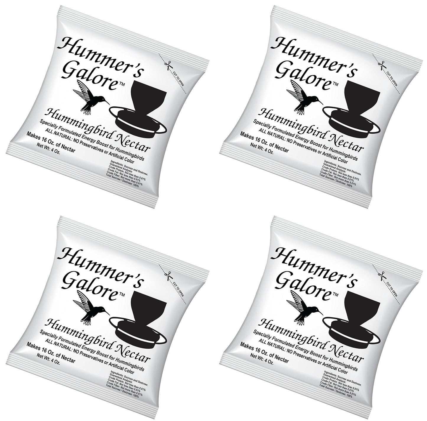 Hummer's Galore Hummingbird Food - Ready-to-Mix Hummingbird Nectar, All-Natural Nectar Collector Formula, No Preservatives or Dyes, Makes 64 Ounces (4 Packets Included)