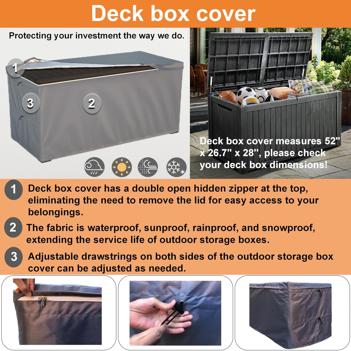 Deck Box Cover, Outdoor Large Storage Box Cover 130 Gallon Deck Box Dust Cover Heavy Duty 600D Oxford Fabric Patio Furniture Cover, Rain, Dust, UV, Wind, Snow Resistant, 52 x26.7 x 28 Inches