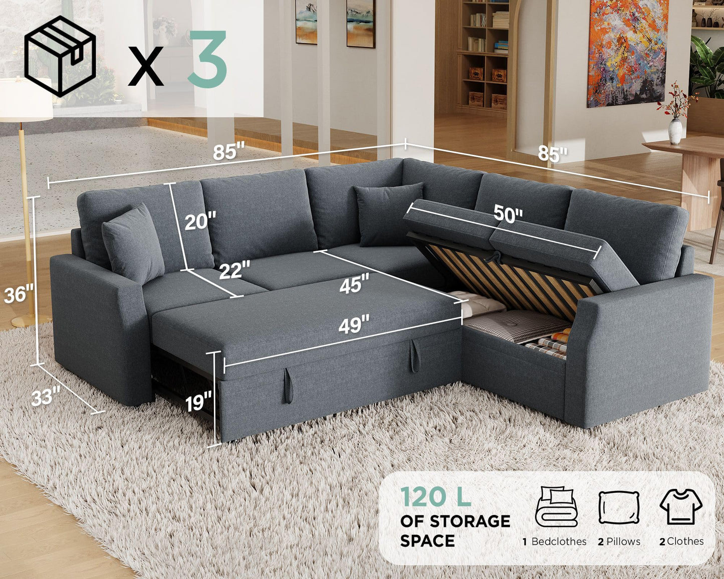 Jocisland Sofa Bed, 85 Inch Sleeper Sofa with Pull Out Bed & Storage Seat, Oversized L Shape Sectional Sofa for Living Room Apartment, Grey Linen Reversible Couch