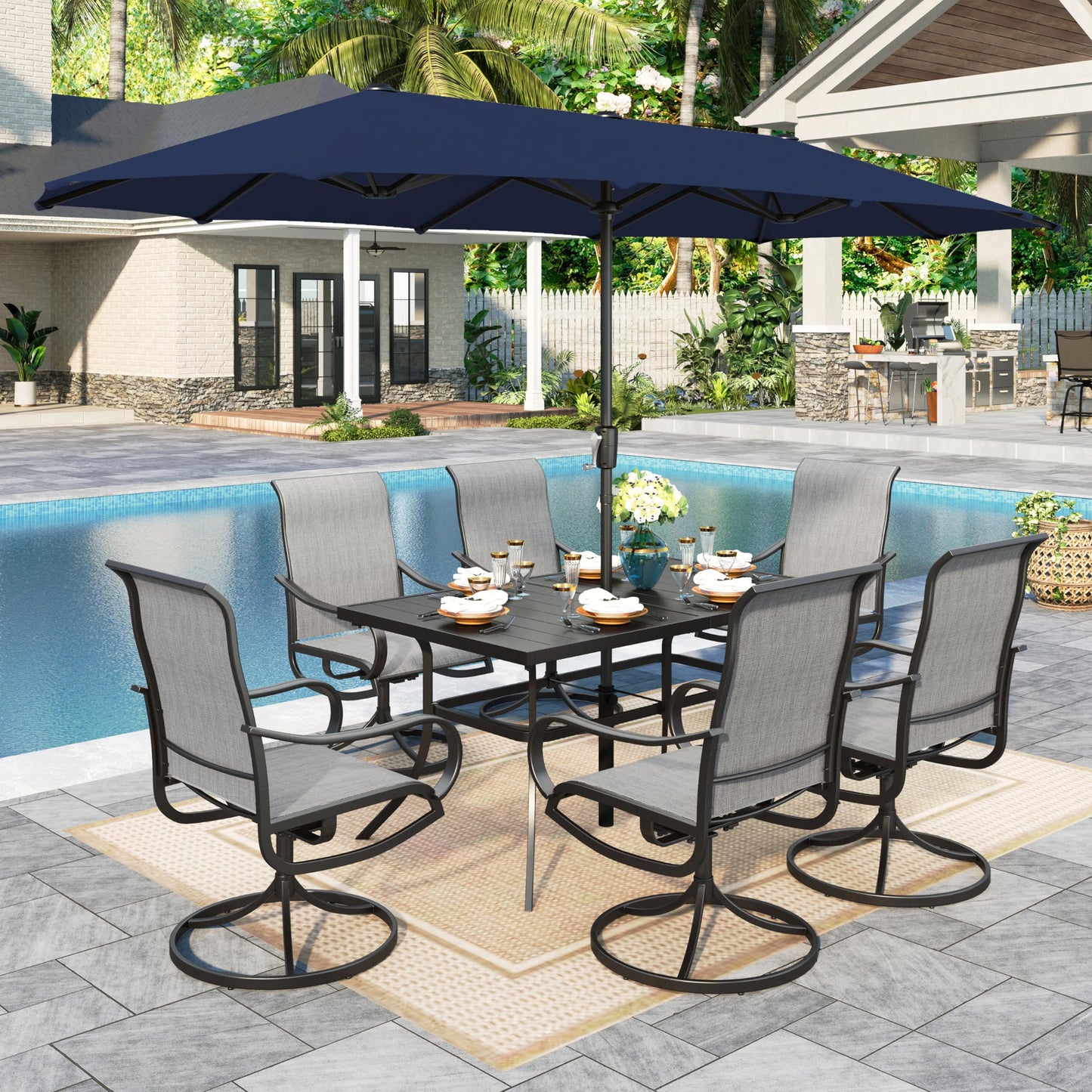 Sophia & William Patio Set with Umbrella 8 Pieces Outdoor Dining Set for 6 with 13ft Large Patio Umbrella Navy, 6 x Grey Swivel Patio Chairs with 59" Dining Table for Lawn Garden