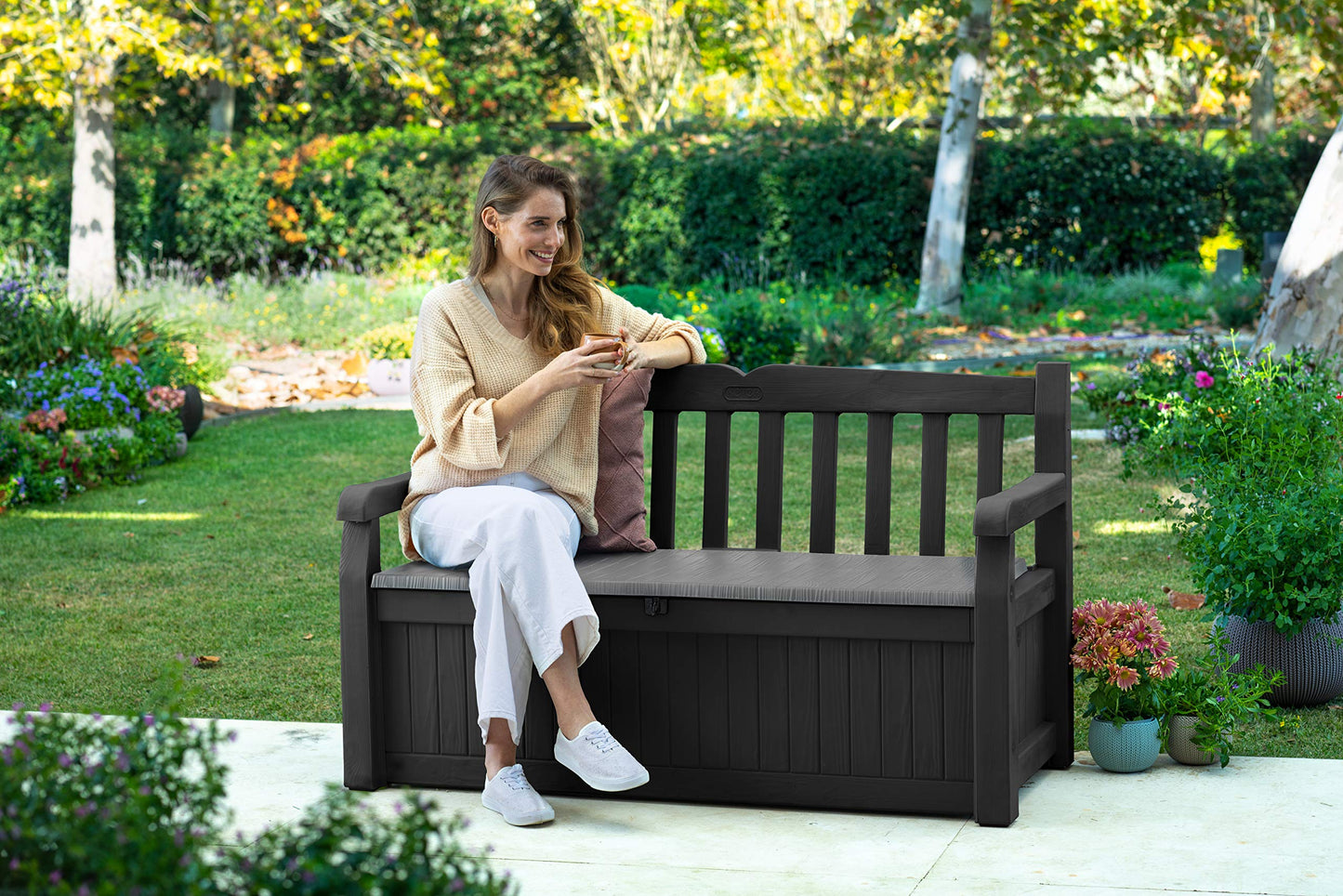 Keter Solana 70 Gallon Storage Bench Deck Box for Patio Furniture, Front Porch Decor and Outdoor Seating – Perfect to Store Garden Tools and Pool Floats, Graphite