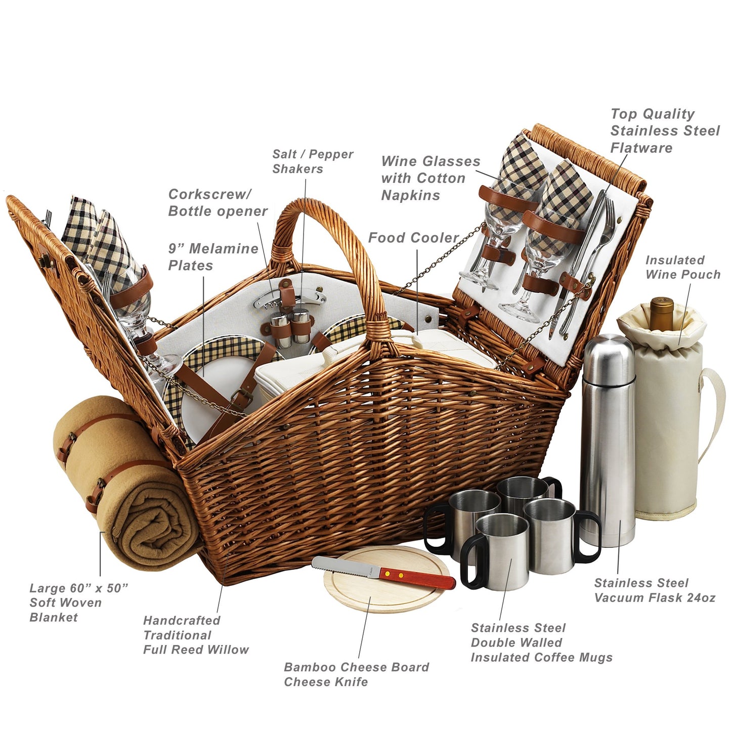 Picnic at Ascot Huntsman English-Style Willow Picnic Basket with Service for 4, Coffee Set and Blanket- Designed, Assembled & Quality Approved in the USA