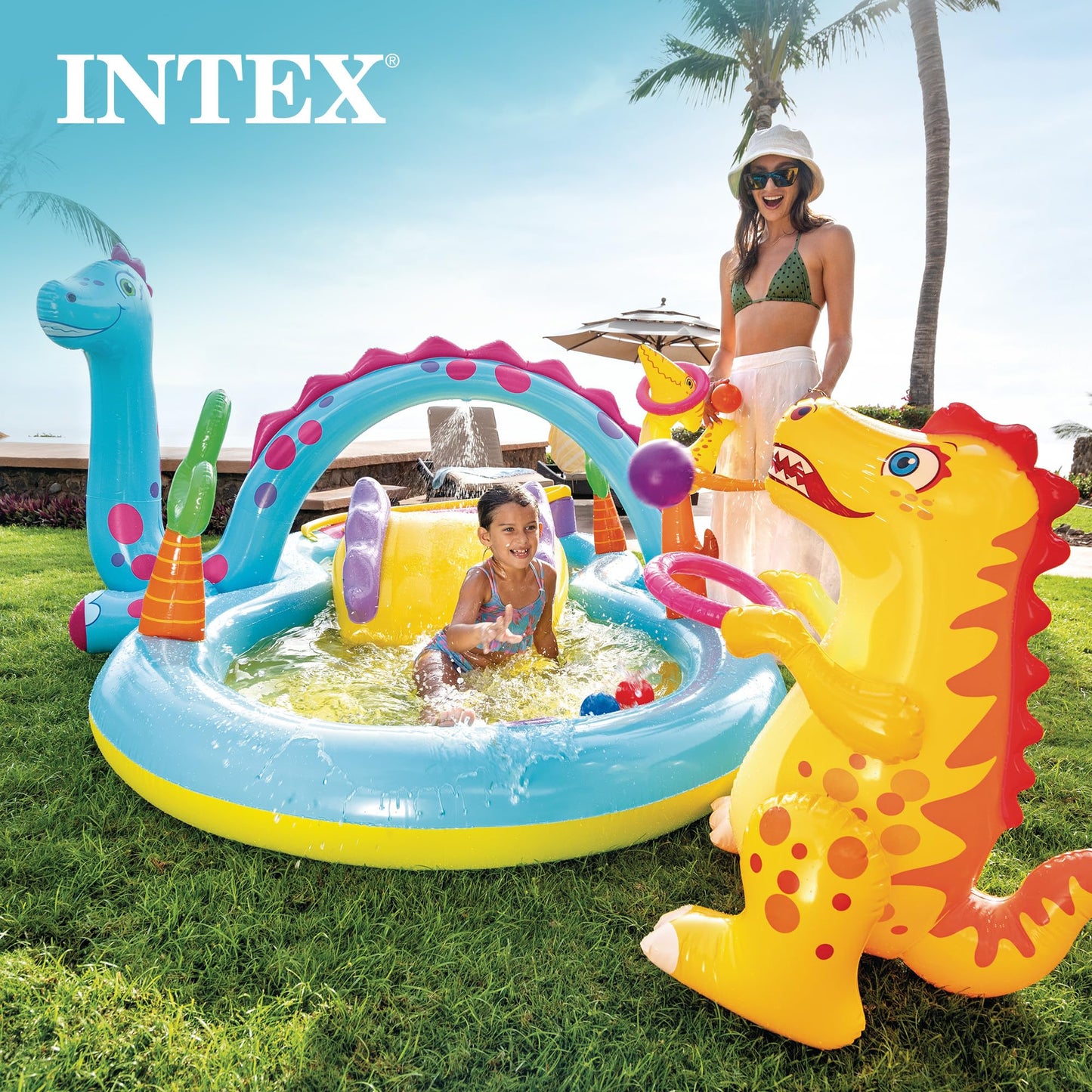 Intex 11' x 7.5' x 44" Dinoland Play Center Kiddie Inflatable Outdoor Swimming Pool