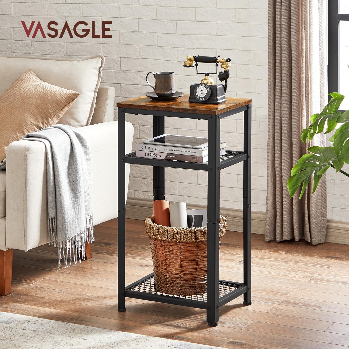 VASAGLE 3-Tier Tall Side Table, Small Telephone End Table Stand with 2 Mesh Storage Shelves for Office, Bedroom, Living Room, Kitchen Cart, Rustic Brown and Black