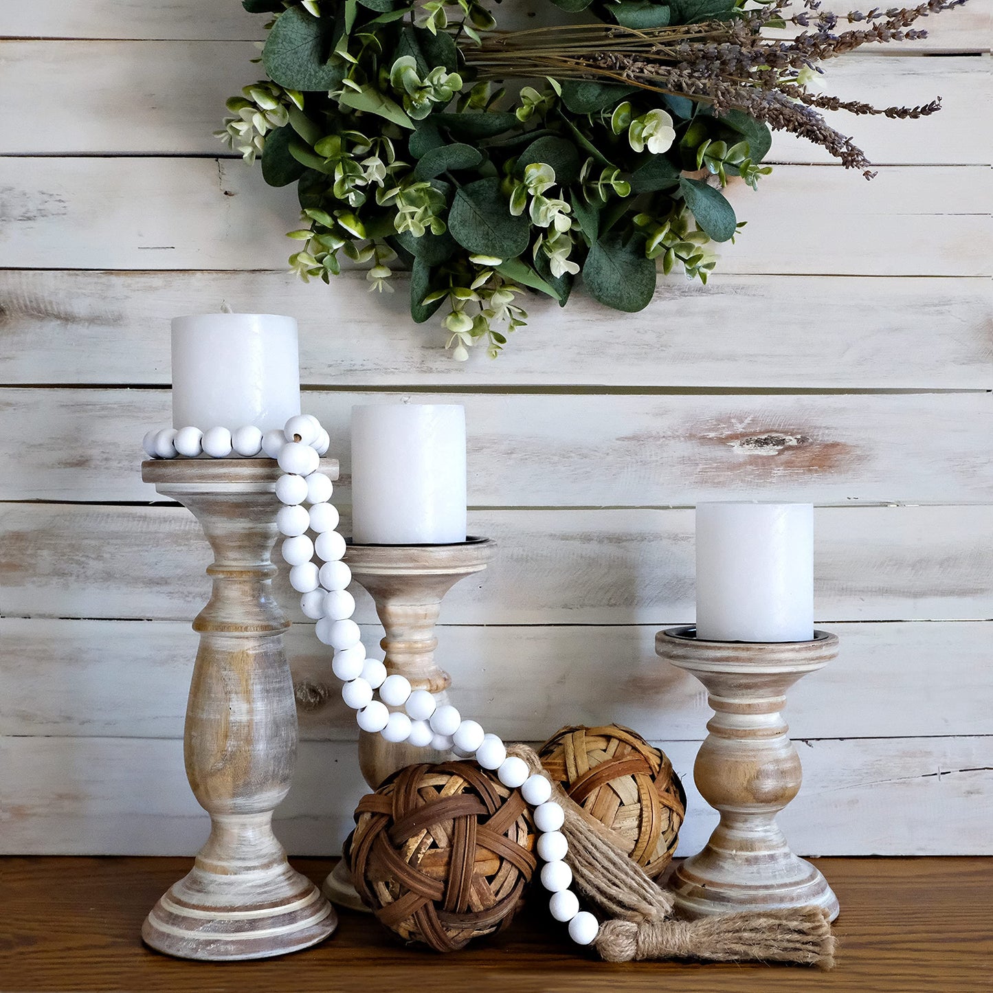 Candle Holders for Pillar Candles, Wooden Table Centerpiece, Set of 3, Wood Candle Holders, Rustic Pillar Candle Holder, Farmhouse Candle Holders Fireplace White