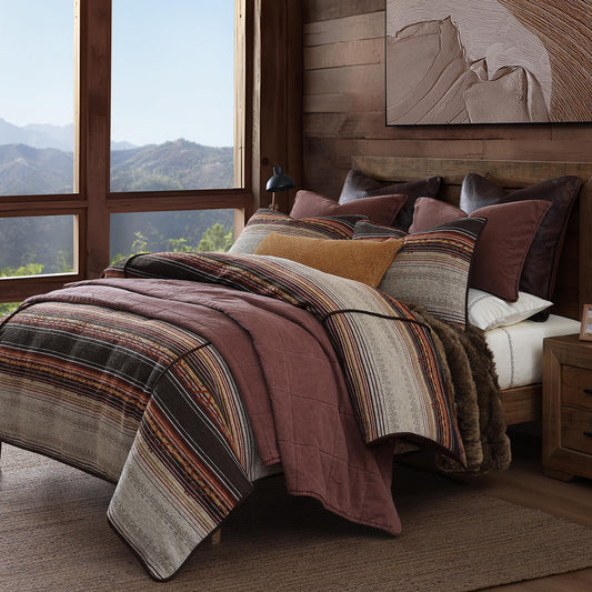 Paseo Road by HiEnd Accents Estes Western Bedding 3 Piece Super Queen Comforter Set, Copper Striped Rustic Cabin Theme Bed Set, Faux Leather Details, Chenille Jacquard Comforter Set with Pillow Shams
