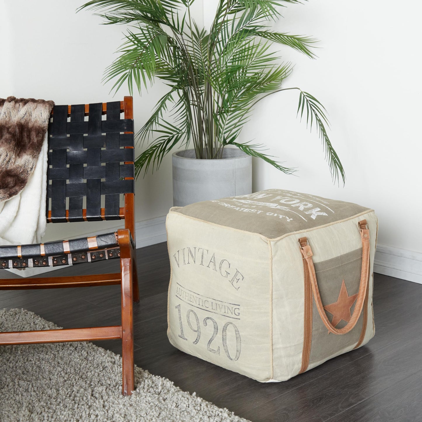 Deco 79 Canvas Pouf with Leather Handles, 21" x 21" x 19", Cream