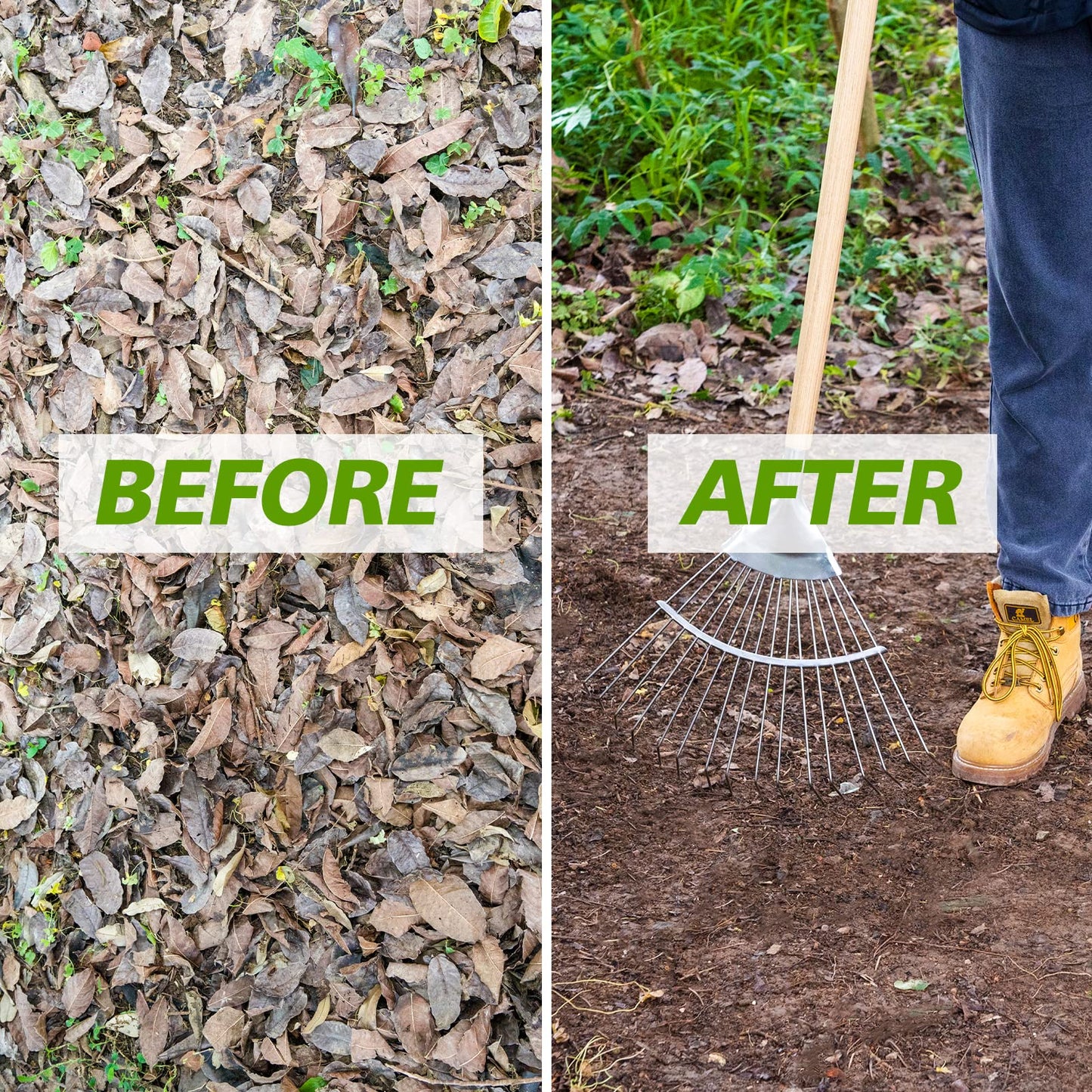 67" Long Handle Leaf Rake, Berry&Bird 16 Tines Garden Rake for Leaves, Heavy Duty Stainless Steel Shrub Rake, 17" Wide Leaves Rake with Wooden Handle for Garden, Lawn, Yard, Flowers Beds, Roof, Bushes