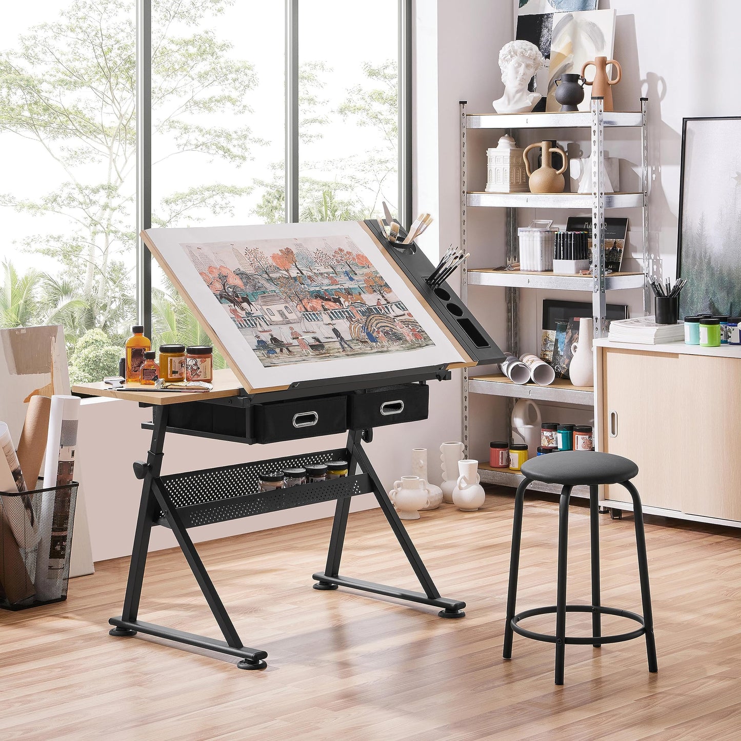 Yaheetech Height Adjustable Drafting Table Drawing Table Artist Desk Tilting Tabletop Art Craft Desk Watercolor Paintings Sketching Work Station w/2 Storage Drawers and Stool for Home Office