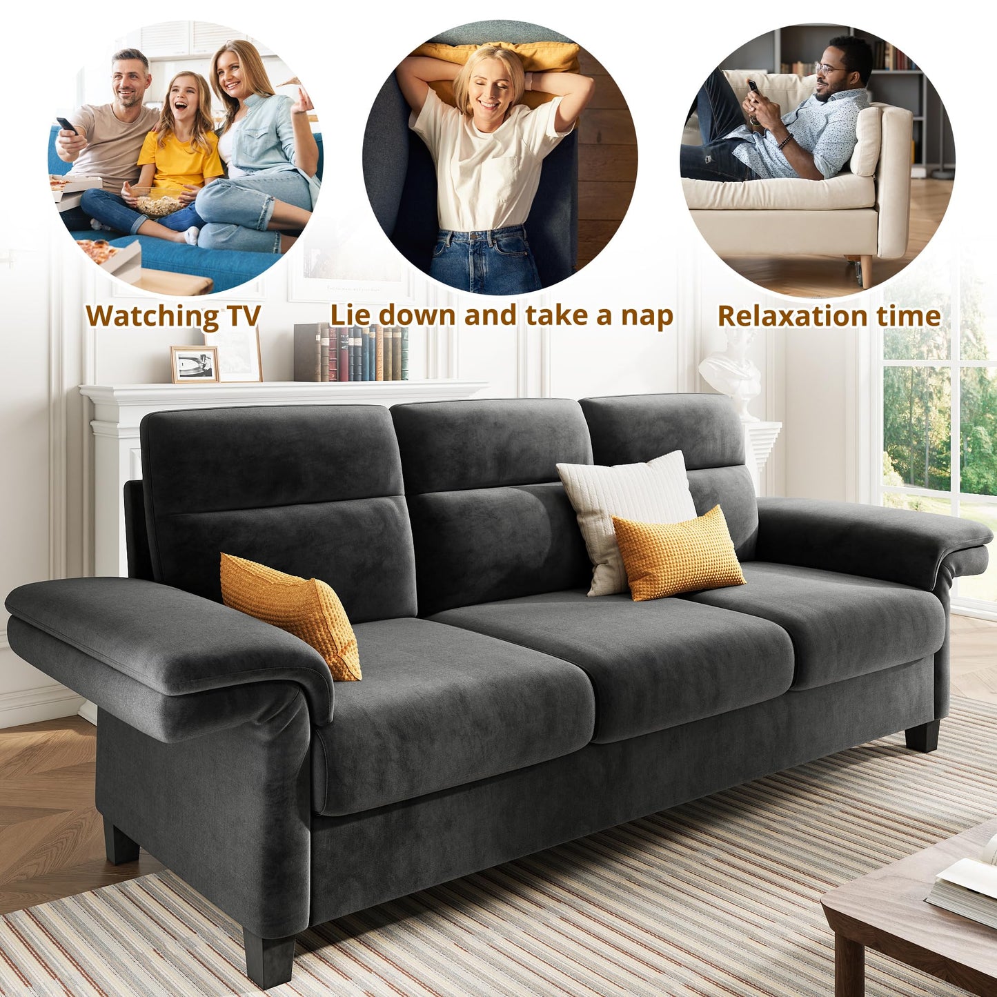 LIKIMIO Sofa Couches for Living Room, with Adjustable armrests, Extra Deep Seats 3 Seater Sofa, Modern Couches for Living Room/Apartment, Easy Assembly, Gray Chenille (92 Inch)