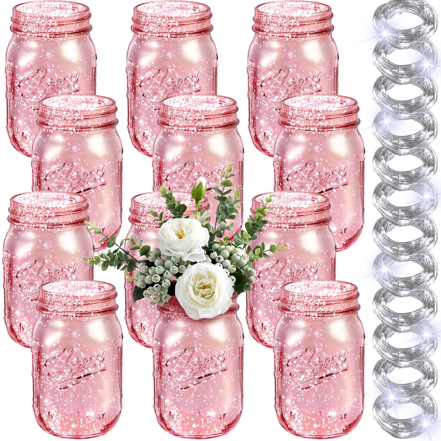 Tioncy 12 Pcs Painted Mason Jars for Table Glass Decorative Jars with 12 Light Strings for DIY Wedding Valentines Day Housewarming Home Decoration(Pink)